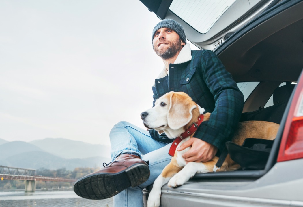 Man and beagle sitting in SUV trunk happy