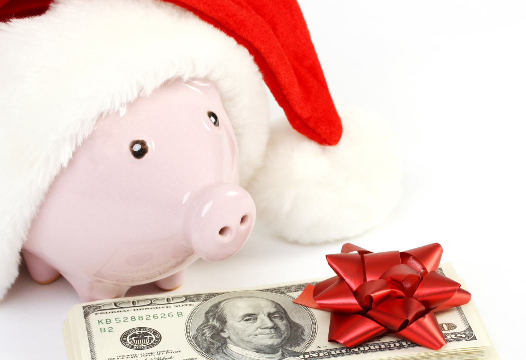 Piggy Bank with Santa hat and $100 bill with red bow
