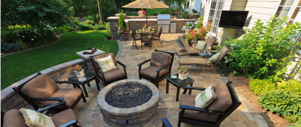 Patio area with firepit and chairs