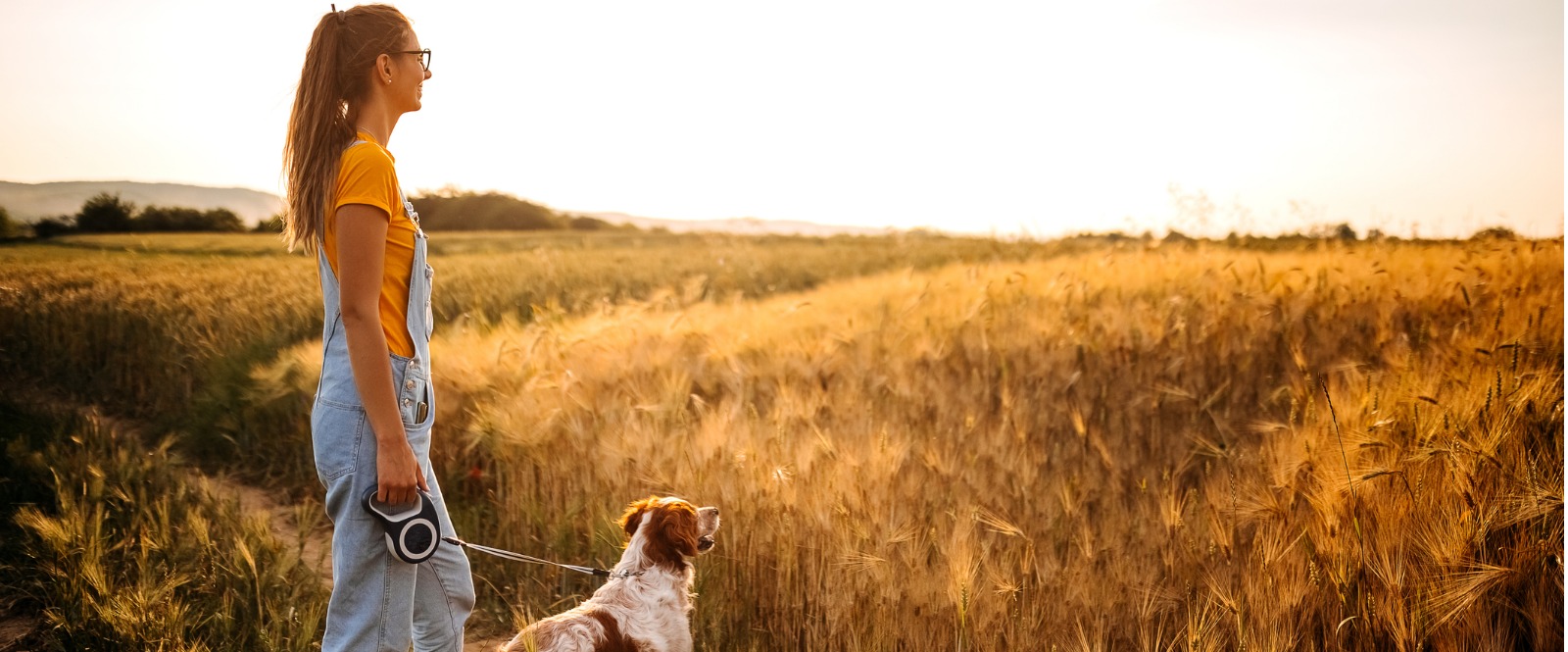 Women with dog at sunset